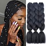 SOVAEER Black Jumbo Braiding Hair Extensions for Crochet Hair Premium Synthetic Fiber Single Color for Women 24 Inches 100g/bundle (3 Bundles/Pack,Black)