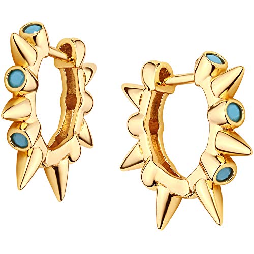 GUEMER Gold Spike Huggie Hoop Earrings 14k Gold Plated Dainty Turquoise CZ Cone Thorn Spiked Cute Trendy Small Sleeper Huggy Tiny Delicate Drop Dangle Spike Earrings Women Men… -  GER04-tur spike