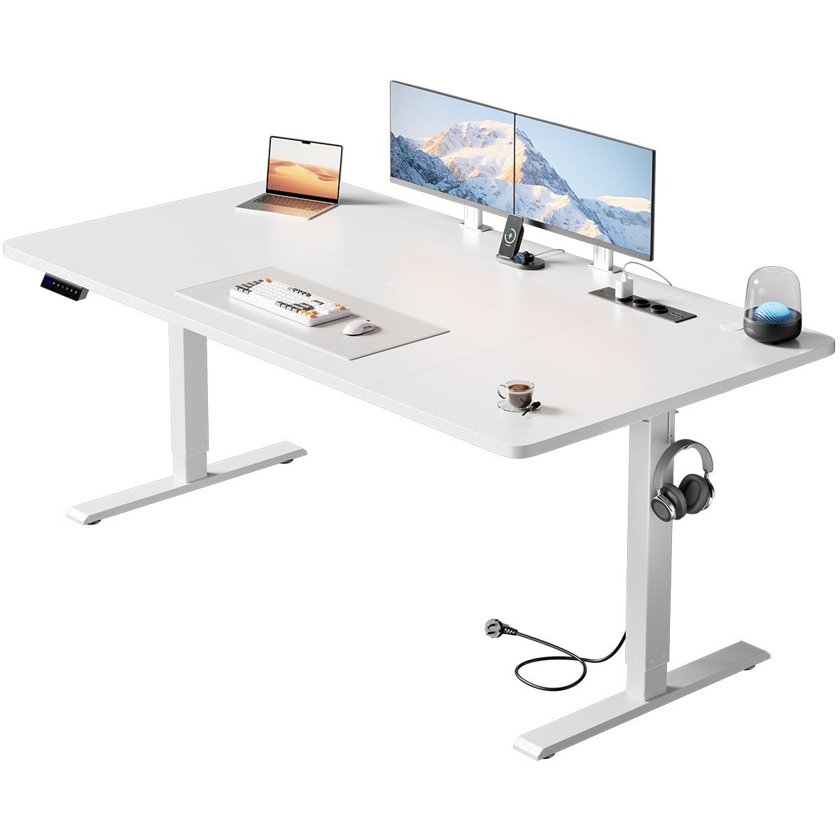 HLFURNIEU Escritorio Elevable Electrico 160 x 80 cm, Mesa Escritorio Elevable con Enchufes & Puertos USB, Mesa Regulable en Altura con 3 Control de Memoria, Standing Desk Blanco