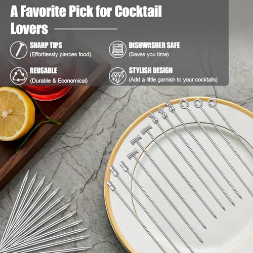 12PCS Metal Cocktail Picks for Drinks, Reusable Stainless Steel Martini Picks with Storage Bag, Dishwasher Safe Fancy Toothpicks for Appetizers & Olives, Bloody Mary Bar Supplies, Cocktail Skewers - Thumbnail 2