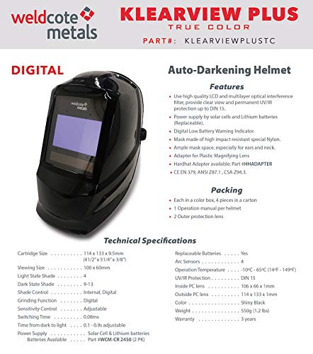 Weldcote Metals Klear-View Plus True Color Digital Auto Darkening Welding Helmet, Black #TOP3