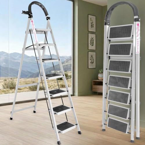 Image of Casa Copenhagen White 7 Step Ladder for Home Use with Built-in Tool Tray | Heavy Duty D Shape Rods | Ultra Large Platform | Wide Rubber Feet | 150Kg Capacity Foldable Ladder - 7 Years Warranty