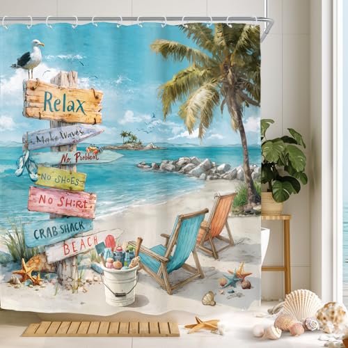 Riyidecor Ocean Beach Shower Curtain for Bathroom Decor 72Wx72H Tropical Palm Tree Coastal Nautical Summer Blue Seaside Starfish Seashell Art Printed Fabric Polyester Waterproof 12 Pack Plastic Hooks