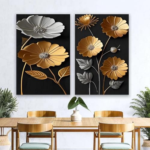 Affiches fleurs dorées décoration intérieur bohème toile salon 35x50cm