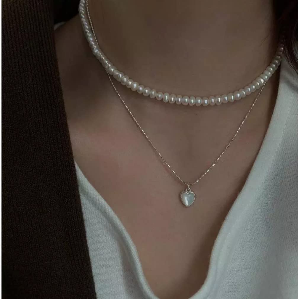 925 Collar de corazón de Concha de Plata esterlina para Mujeres Collar de Cadena de Cuentas