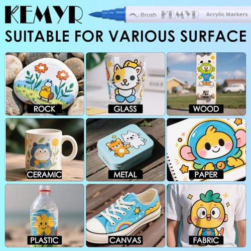KEMYR 120 Colors Brush & Fine Tip Acrylic Paint Pens, Dual Tip Acrylic Paint Markers for Paper, Wood, Canvas, Stone, Rock Painting, Glass, Fabric, DIY, Ceramic, Art Supplies for Drawing by KEMYR - Image 5