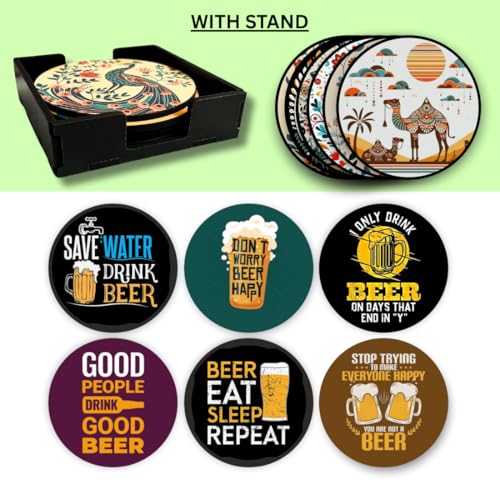 Image of Zesta Coasters for Cups Set of 6 / Wooden Coasters for Bar Accessories for Home /Tea Coaster Set of 6 / Waterproof Dining Table Decor Glass Cover (Beer, Circle)