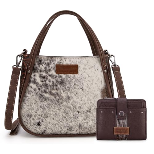 Montana West Wrangler Cowhide Small Tote Purse & Small Bifold Wallet Set