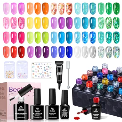 Image of Beetles Jelly Gel Nail Polish Set - 20 Colors Neon Rainbow Pink Yellow Purple Glitter Gel, Soak Off UV LED Gel Nail Kit with Base Matte Top Coat DIY Nail Art Gift for Women