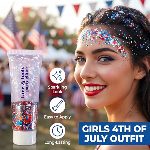 Patriotic Red White and Blue Face Body Glitter Gel、Patriotic Earrings and 3 Pairs Star Sunglasses, 4th of July Outfits and Accessories for Women,USA Flag Makeup for Independence Day 250 Anniversary — view 2