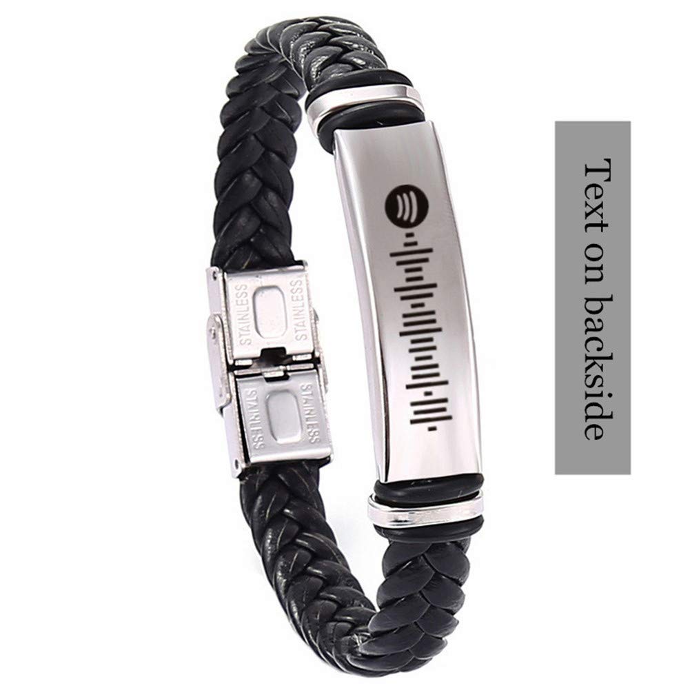 Personalized Spotify Code Bracelet for Men & Women, Stainless Steel Braided Leather Music Bar Bracelets with Name & Date Code Engraved Cuff Bangle for Couples & Lovers