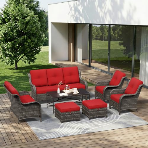 Image of 7 Piece Outdoor Wicker Patio Furniture Set, Patio Chairs Set with Thickened Olefin Cushions, High Back and Deep Seating, Hand-Woven PE Rattan, Ottoman for Porch, Deck