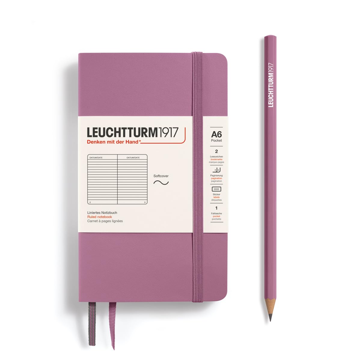 LEUCHTTURM1917 372377 Notebook Pocket A6, Softcover, 123 Numbered Pages, Dusty Rose, Ruled