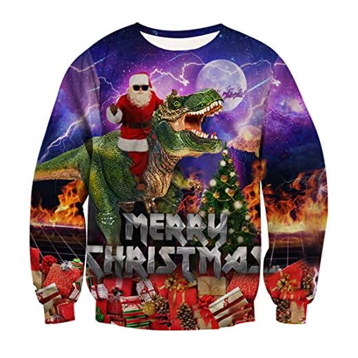 Rave on Friday Unisex ful jultröja rolig 3D-tryckt falskt tvådelat pullover sweatshirts ful långärmad festtröja, A- jultomten och dinosaurie, XXL