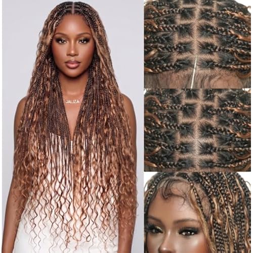 JALIZA 34" Mila Boho Braided Wigs for Black Women - Knotless Human Hair Boho Curls and Synthetic Braids, 360 Hand-Tied Full Lace, Natural Scalp, Pre-Plucked, Fit Cap 21.5–22.5in - Ombre Brown 1B/30