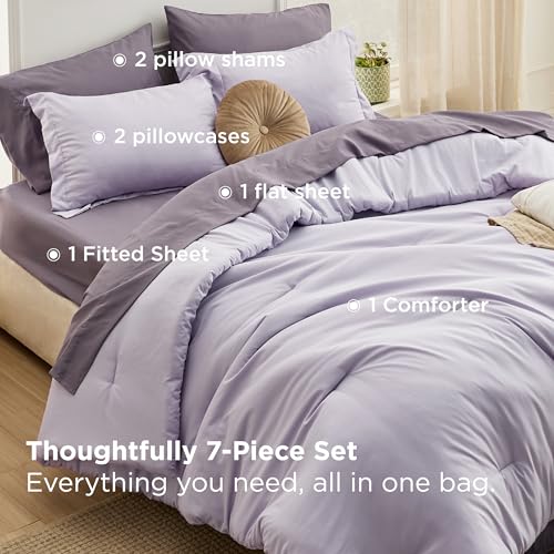 Image of Bedsure Oversized Queen Comforter Set - 7 Pieces Lavender Oversized Queen Bedding Set for All Seasons, Boho Contrasting Design Bed in a Bag with Comforter, Sheets, Pillowcases & Shams
