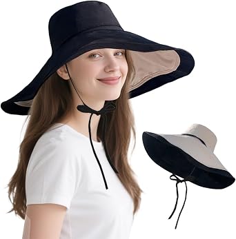 VIOKKO Large Brim Sun Hat for Women - 6.9" Wide-Brim Packable Reversible UV Protection Beach Bucket Cap