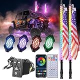 Kemimoto 2PCS 3FT LED Whip Light and 4 PCS Rock Lights Combo，366 Modes with Integrated Rocker Switch (Turn/Hazard/Light) & SOS Mode, Spring Base & App Control, IP67 Waterproof, Universal for UTV ATV