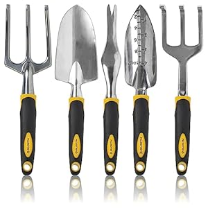 BLOSTM Tuingereedschap Set 5 STKS – Heavy Duty Tuingereedschap voor Tuinieren met Ergonomische Handvatten, Anti-Roest Tuin Troffel en Vork Set, Onkruid Gereedschap Transplanter Troffel, Handhark Tuin