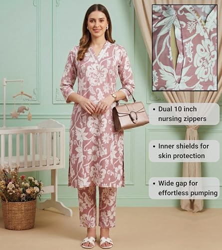 Image of DUMMY SHAPE Maternity Dresses for Women Cotton | Floral Kurta Pant Dupatta Set with Nursing Zippers, Side Pocket | Pre & Post Pregnancy | Feeding Kurti Suit | Baby Shower | Gifts for Pregnant Woman