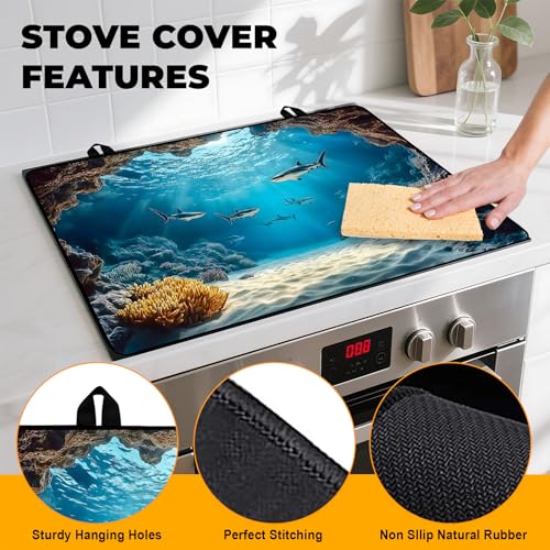 Image of Underwater World Stove Top Cover Retro Flower Gas Stove Top Cover for Home Decoration Kitchen Pad Non-Stick Washable Cooktop Covers Countertop Protector Keep Stove Clean 28 inchx20 inch