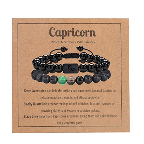 Vlinras Zodiac Beaded Bracelets For Men Women, 8Mm Black Onyx Lava Rock Bracelets Zodiac Capricorn Gifts Healing Crystals Bracelet Adjustable #TOP9