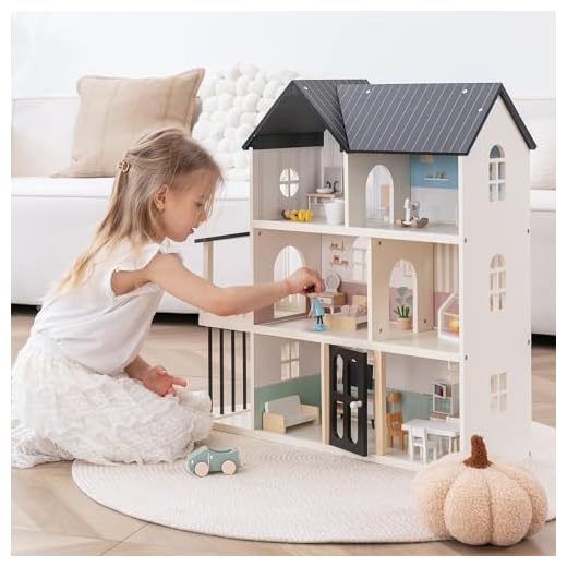 Modern 6-Room Wooden Dollhouse Playset