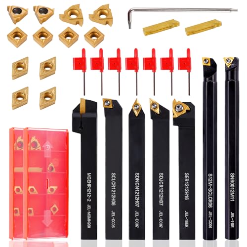 CHAWNIAO - CHAWNIAO Indexable Lathe Turning Tool 21Pcs Kit 1/2" (12mm) Shank, Includes 7Pcs Metal Lathe Tool Holders and 14Pcs Carbide Inserts for Turning Boring Grooving Cutting Threading Carbide Turning Tool