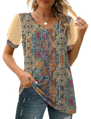 Image of Aokosor Womens Summer Tops V Neck T Shirts Swiss Dot Puff Sleeve Tops Loose Casual Tshirts