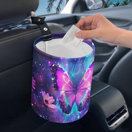Image of Pensura Galaxy Purple Butterfly Car Garbage Can Reusable mini Trash can for car Collapsible Accessories Hanging Vehicle Garbage Can for Automotive Cars SUVs and Trucks Backseat Headrest