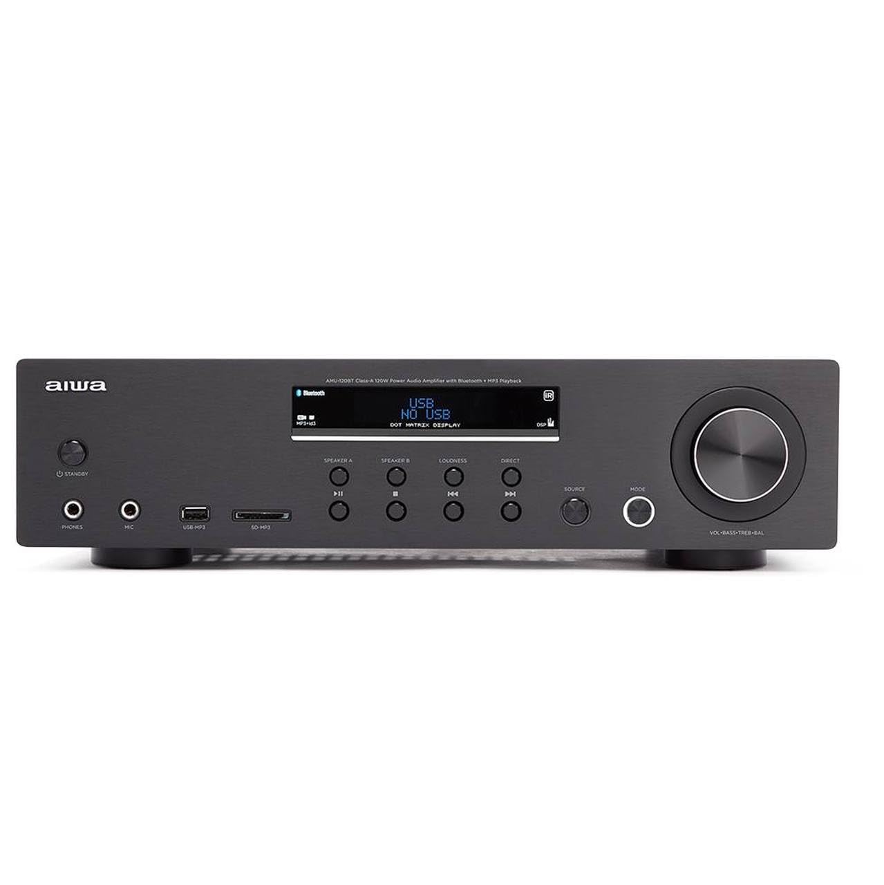 AIWA - AMT-130BK, Amplificatore Stereo 60+60W, USB, Slot SD Card, Bluetooth, Ingresso Phono Ingressi Uscite Cd/Sacd, Aux-In 1, 2, 3, Mic, Bt, Finitura Nera