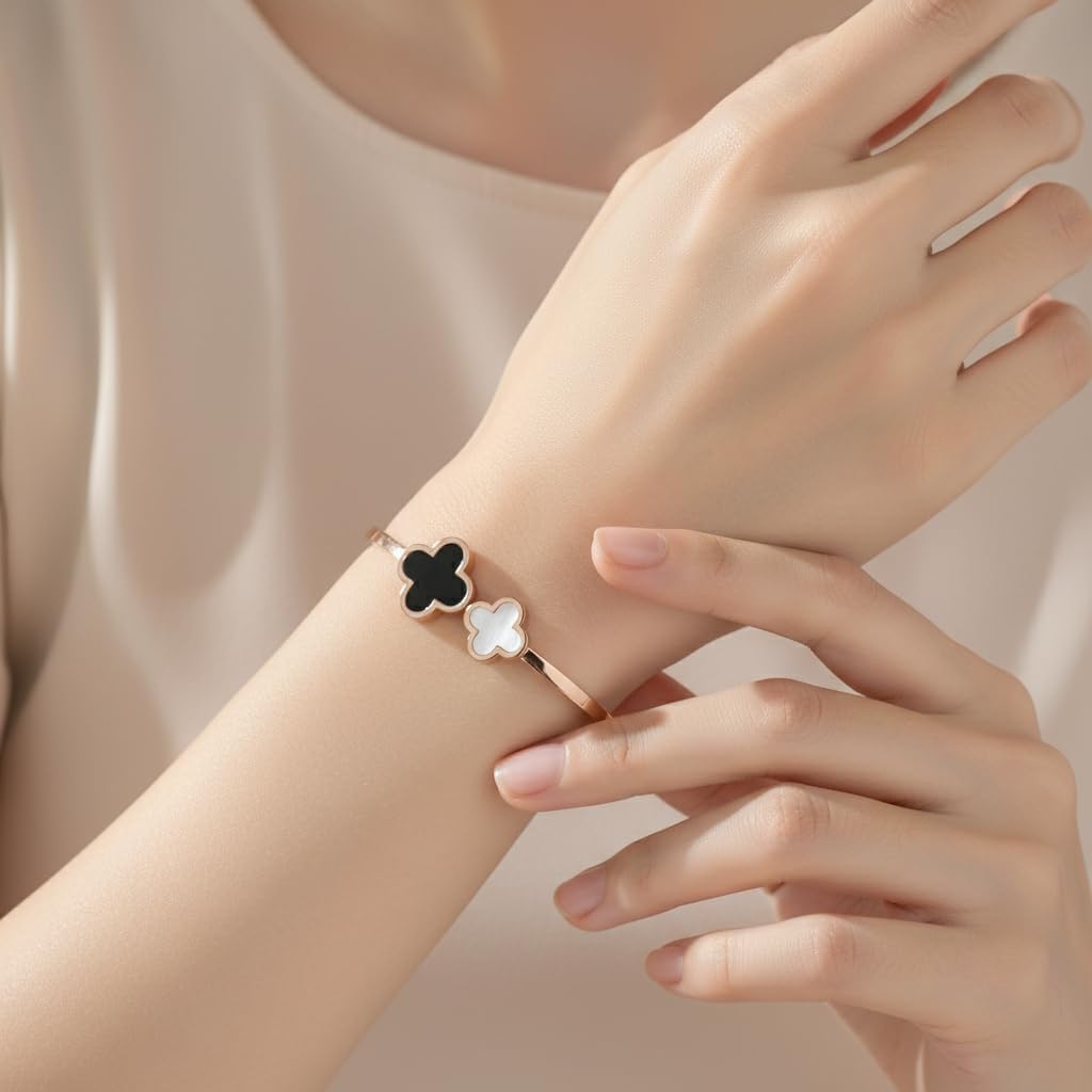 18K Gold Plated Four Leaf Clover Bracelet for Women. Trendy Clover Women's Gold Bracelet. Best Clover Bracelet Jewelry Gift for Women. - Image 7