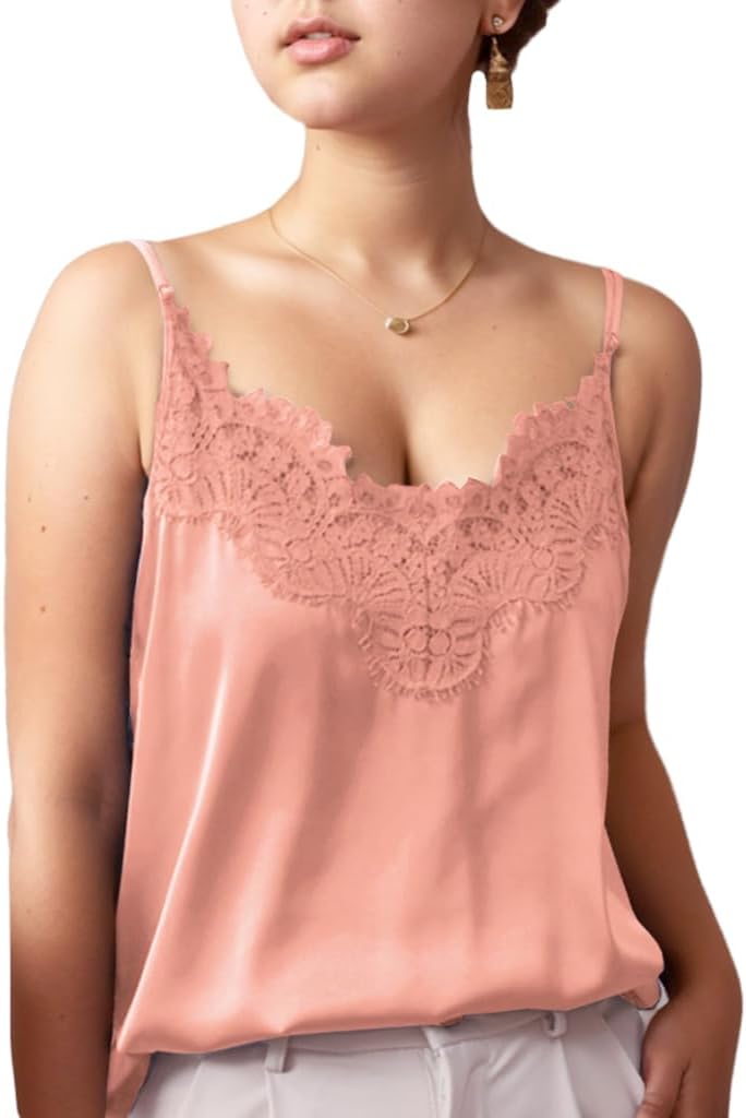 Silk Camisole Tops for Women, Sexy V-Neck Silk Satin Tank Tops Lace Trimmed Camisole - Image 6