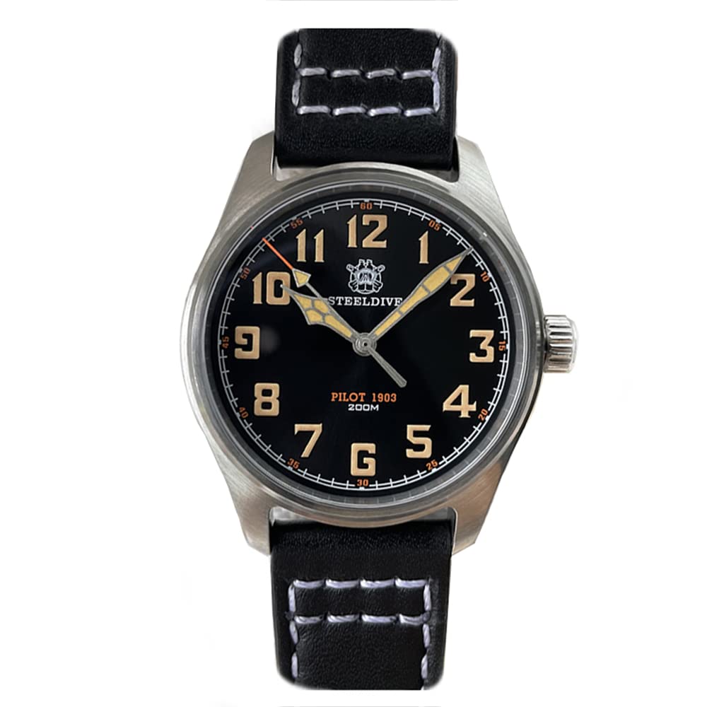 Steeldive SD8107 39mm Pilot Men Watch Classic Retro Sports Quartz Watches Sapphire Glass 200m Waterproof C3 Reloj Hombre, Black Strap, strap