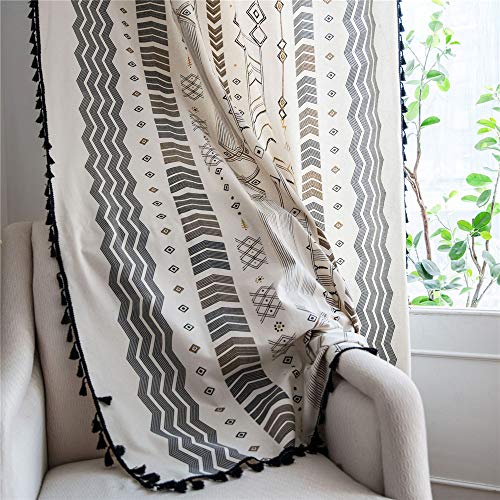You Sa 2Pcs Farmhouse Boho Print Bedroom Curtains With Tassel Geometric Striped Bohemian Room Darkening Window Panel Curtains Set, Rod Pocket Top, Set Of 2, 59''Wx63''L #TOP4