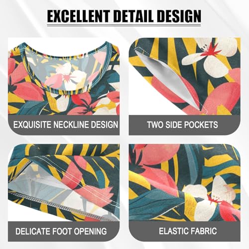 ALAZA Tropical Floral Palm Leaves Yellow Pajamas Short Sleeve 2 Piece Sleepwear Top and Bottom Pajama Set Unisex4