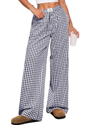 Image of ANRABESS Womens Gingham Striped Boxer Pants | 2026 Fall Outfits,Wide Leg Elastic Waist with Pockets,Casual Lounge Pajama Bottoms,Lightweight Breathable,Fashion Clothing