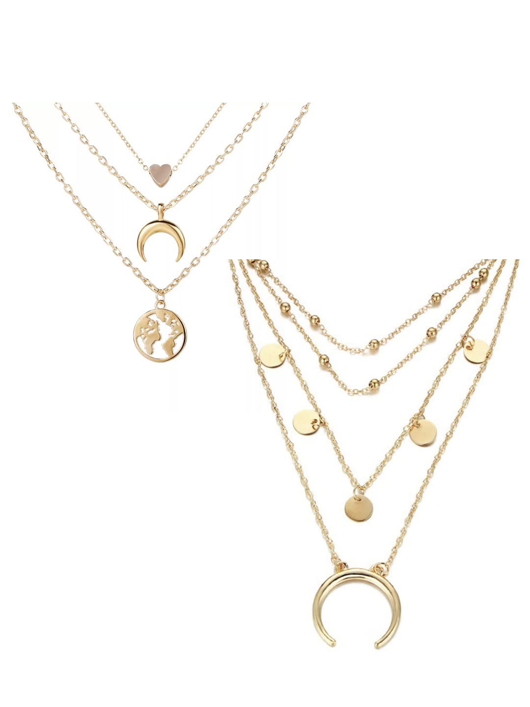 Vembley Pack Of 2 Charming Gold Plated Triple Layered Stars, Beads, Half Moon and Earth Pendant Necklace for Women and Girls (B09RK9XVF8) Amazon Price History, Amazon Price Tracker