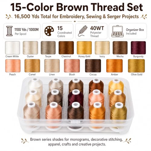 Image of Simthread 15-Color Polyester Machine Embroidery Thread Set, Brown Series | 15 coordinated 1000M polyester spools for machine embroidery, quilting, patches, monograms and everyday sewing.