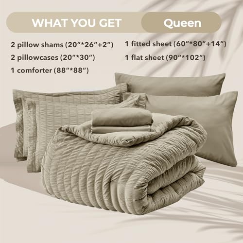 image for HYMOKEGE Linen Queen Comforter Set Seersucker 7 Pieces, All Season Lux
