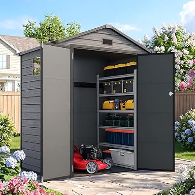Quictent Resin 6x4 FT Storage Shed with Floor, Plastic Storage Shed with Lockable Door, Window & Vents, Outdoor Shed to Store Patio Furniture, Garden Tools Bike, Lawn Mower, Dark Gray?5.3X3.5FT Base?