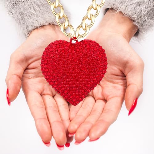 Crystal Red Heart Necklace Hip Hop Gold Chunky Choker Necklace Cuban Link Chain Heart Pendant Statement Jewelry3