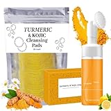 Turmeric Wash and Care Three Piece Set, Turmeric Trio: Facial Wash, Cleansing Mousse & Soap for Skin Care, Turmeric Cleansing Exfoliating Pads, TurmericFace Wash for Face & Body (1Set)