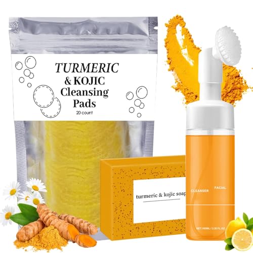 Turmeric Wash and Care Three Piece Set, Turmeric Trio: Facial Wash, Cleansing Mousse & Soap for Skin Care, Turmeric Cleansing Exfoliating Pads, TurmericFace Wash for Face & Body (1Set)
