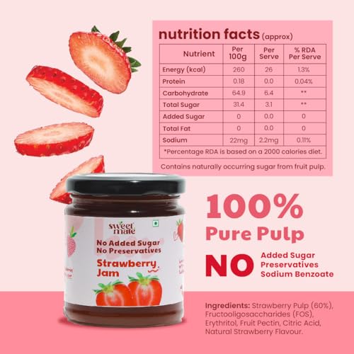 Image of Sweetmate Strawberry Jam - 220g | No Added Sugar | 100% Pure Fruit Pulp & Healthy Fiber | No Preservatives, Colors & Artificial Flavors | Diabetic & Keto Friendly Jam (Pack of 2)