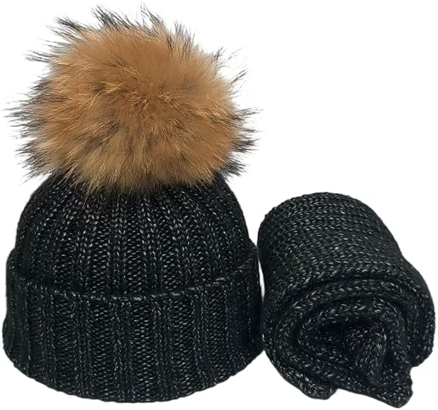 Kids' Raccoon Fur Pom Pom Hat & Scarf Set, Cable Knit Winter Beanie & Matching Scarf, Thermal Set for Boys & Girls