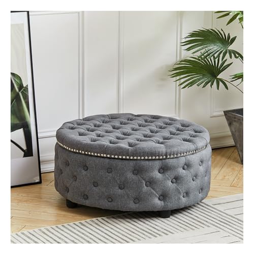 INMOZATA Chesterfield Window Seat Bench - Round Coffee Table Footstool in Linen Fabric (Dark Grey)