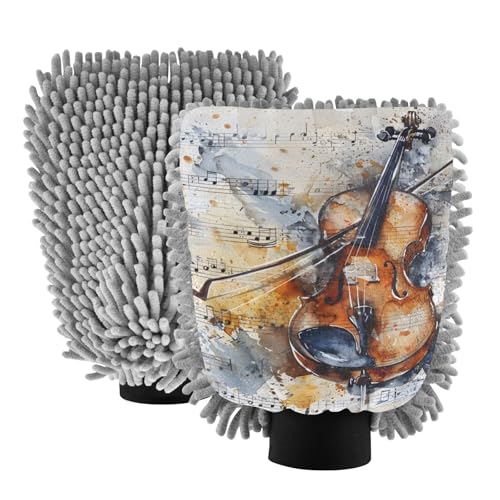 ALAZA Sheet Music Guitar Watercolour Car Wash Mitt Scratch Free, 2 Pack Absorbent Microfiber/Chenille Washing & Drying Mitts, M