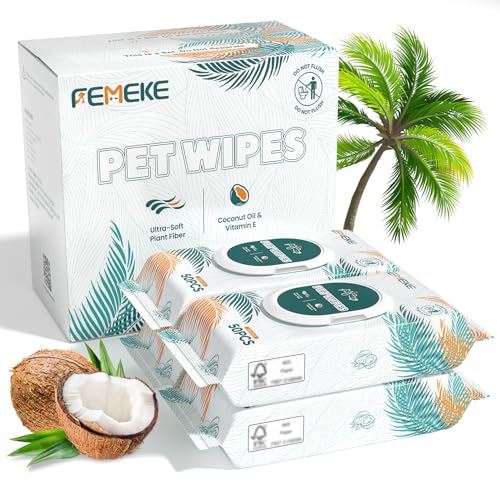 FEMEKE 200 Count Dog & Cat Wipes (4x50 Packs) | Hypoallergenic, pH Balanced for Paws, Body, Face & Grooming |All-Natural Plant Fiber Wipes with Aloe, Coconut Oil & Vitamin E |Pearl Texture