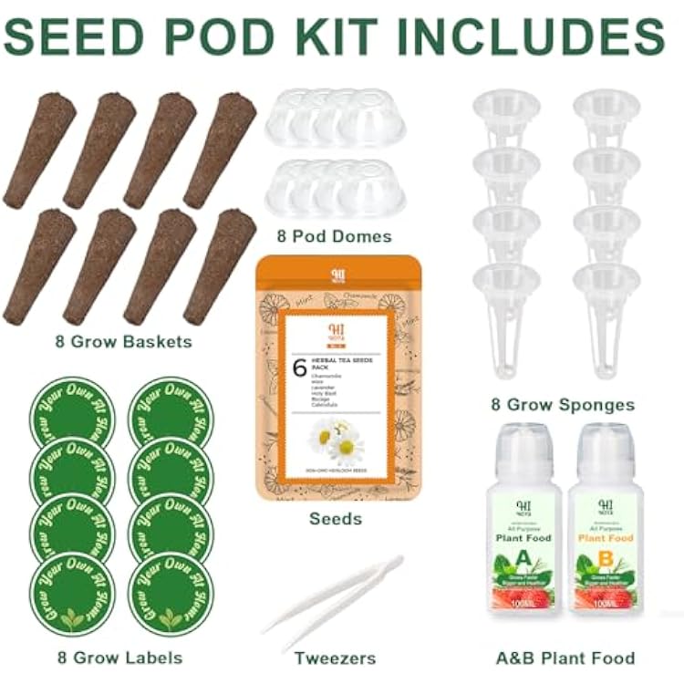 Lavender Seed Pod Kit, 8 Pod Kit (Include Seed Lavender/Chamomile/Holy Basil/Borage/Calendula/Mint) Fresh Tea Seed Pod Kit Compatible with Hydroponics